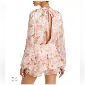 Endless Rose Watercolor Floral Long-Sleeve Chiffon Open Back Romper -XS
